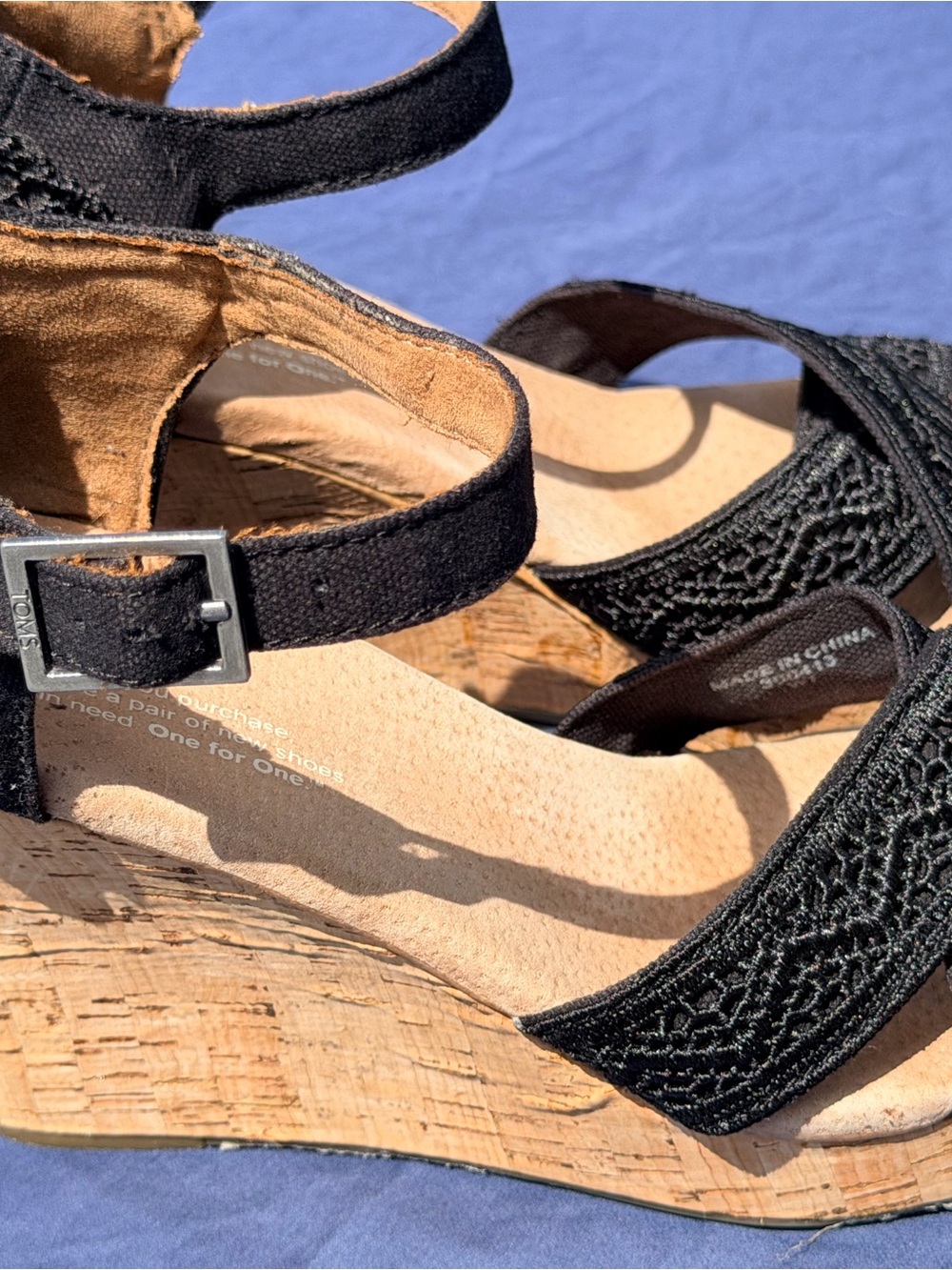 Toms Black Crochet Wedge Sandals with Cork Platform